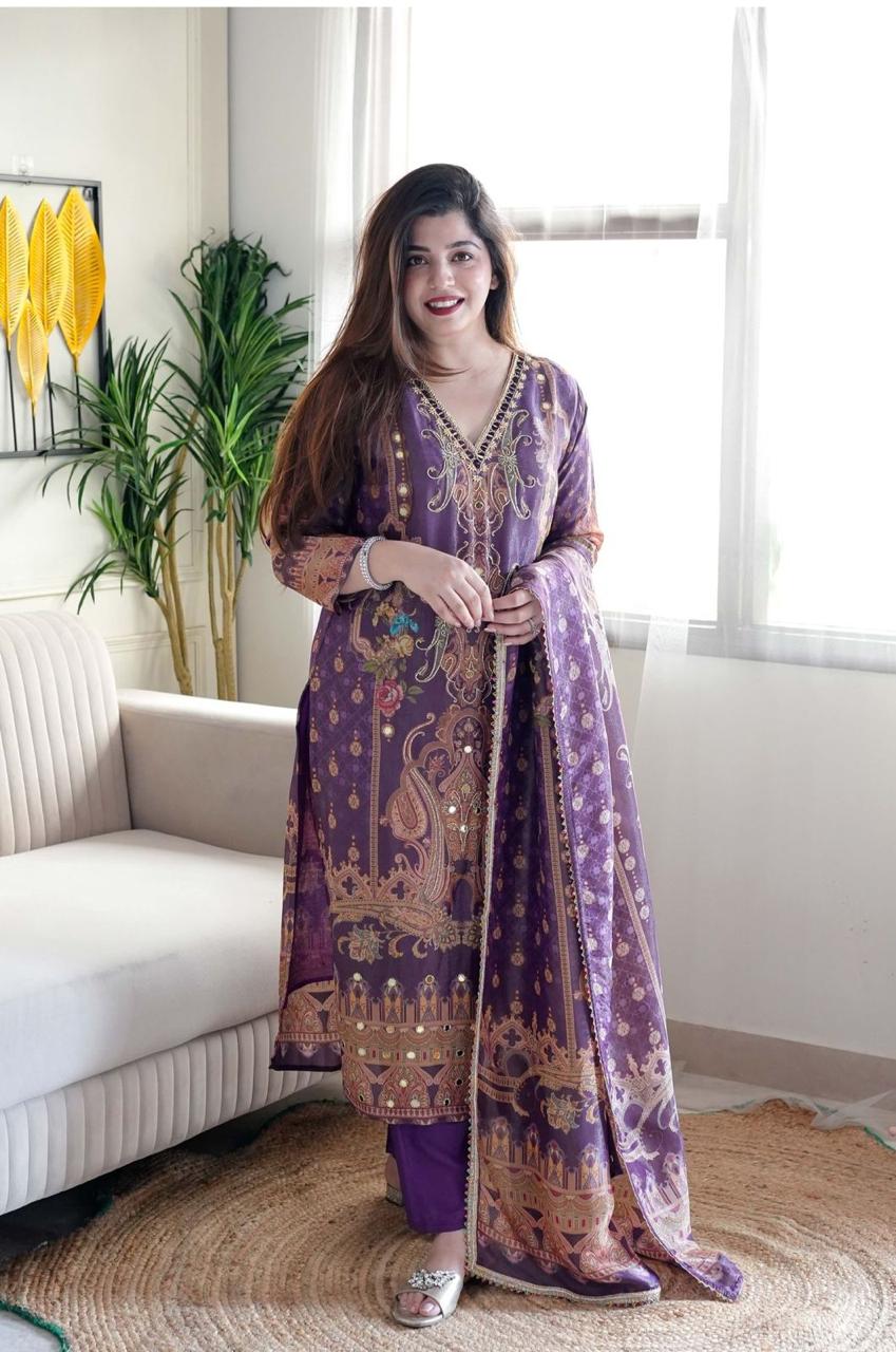 Desirable Purple Satin Silk Floral Print With Embroidery Suit Set