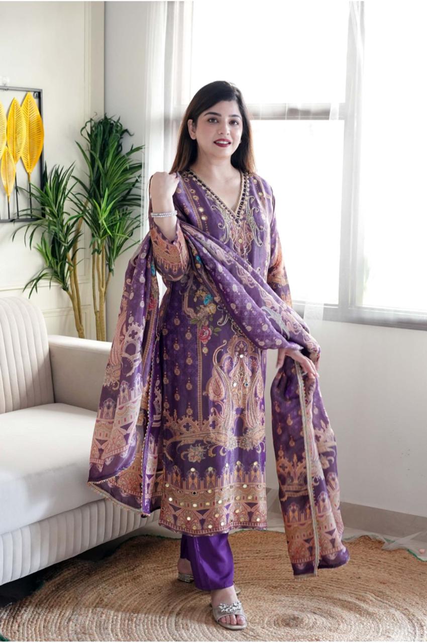 Desirable Purple Satin Silk Floral Print With Embroidery Suit Set