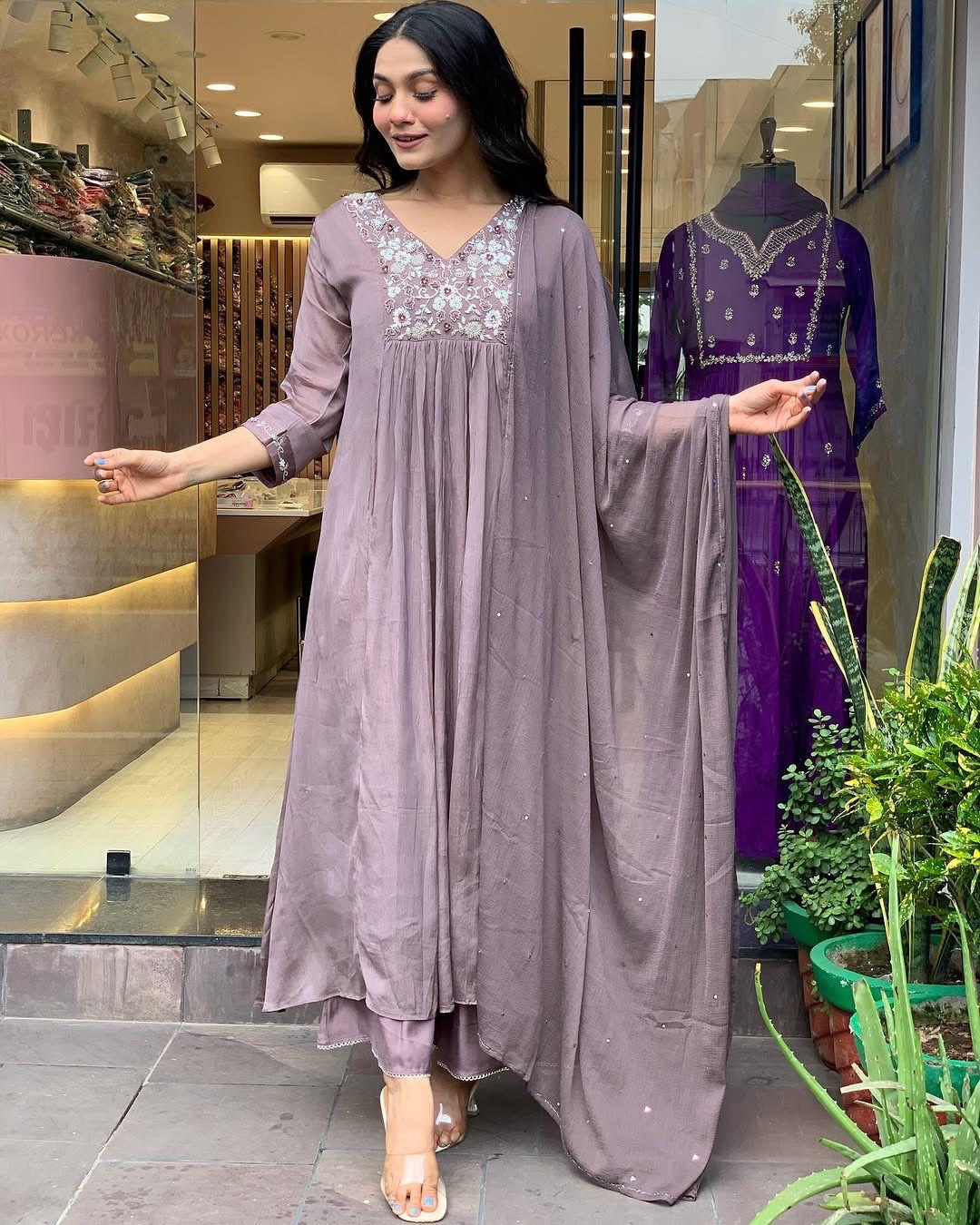 Prominent Rose Quartz Chinon With Embroidery Work Suit Set