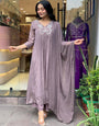 Prominent Rose Quartz Chinon With Embroidery Work Suit Set