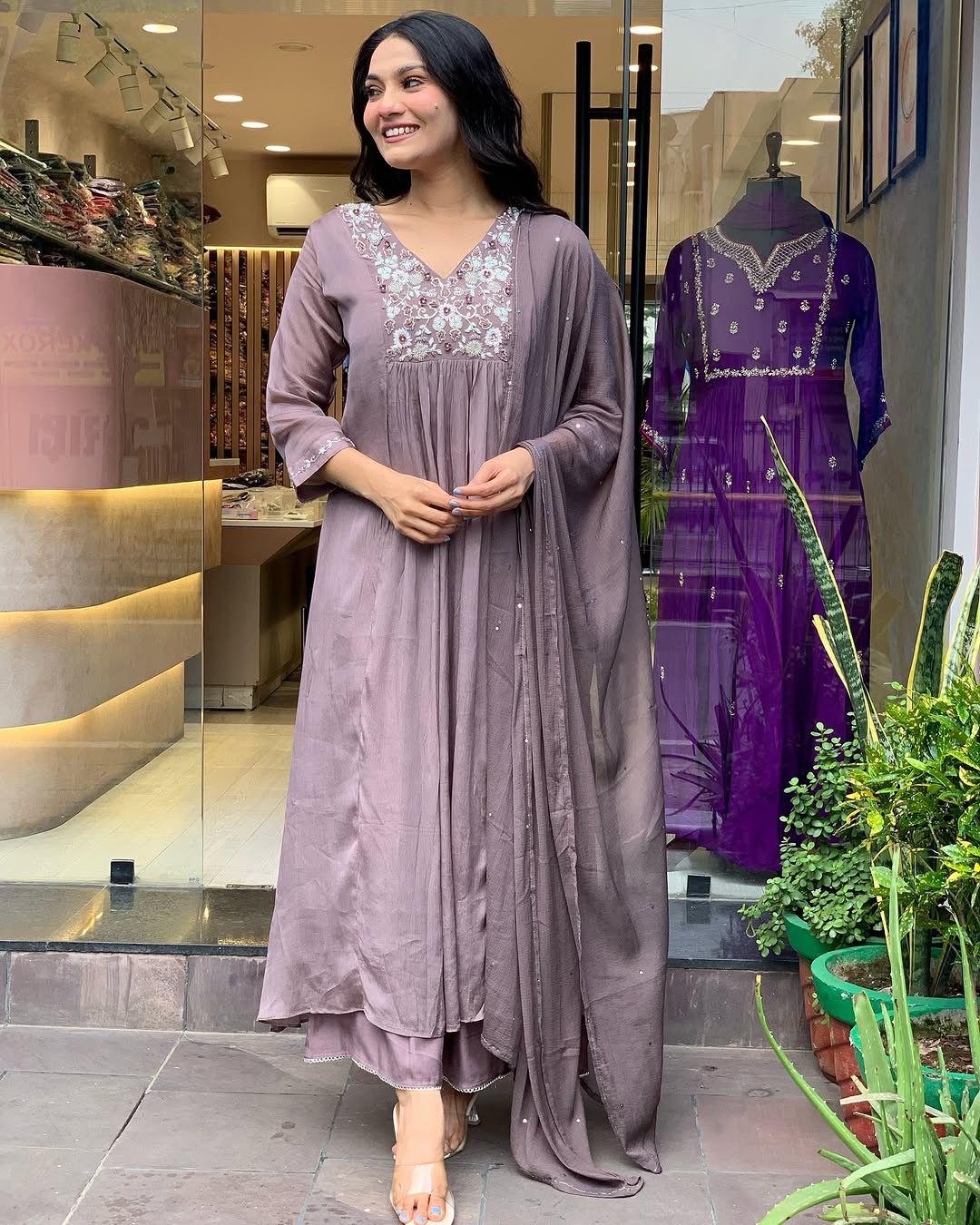 Prominent Rose Quartz Chinon With Embroidery Work Suit Set