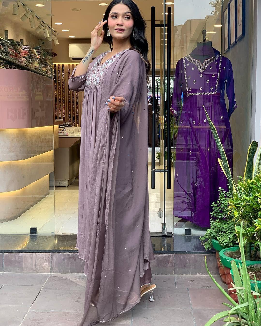 Prominent Rose Quartz Chinon With Embroidery Work Suit Set