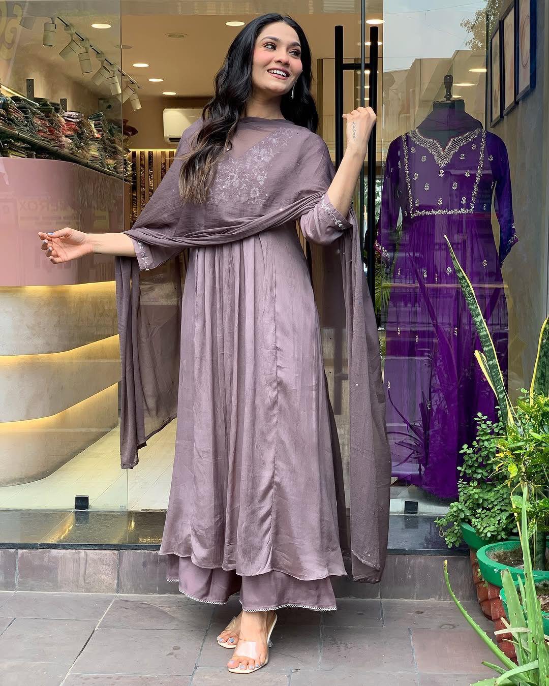 Prominent Rose Quartz Chinon With Embroidery Work Suit Set