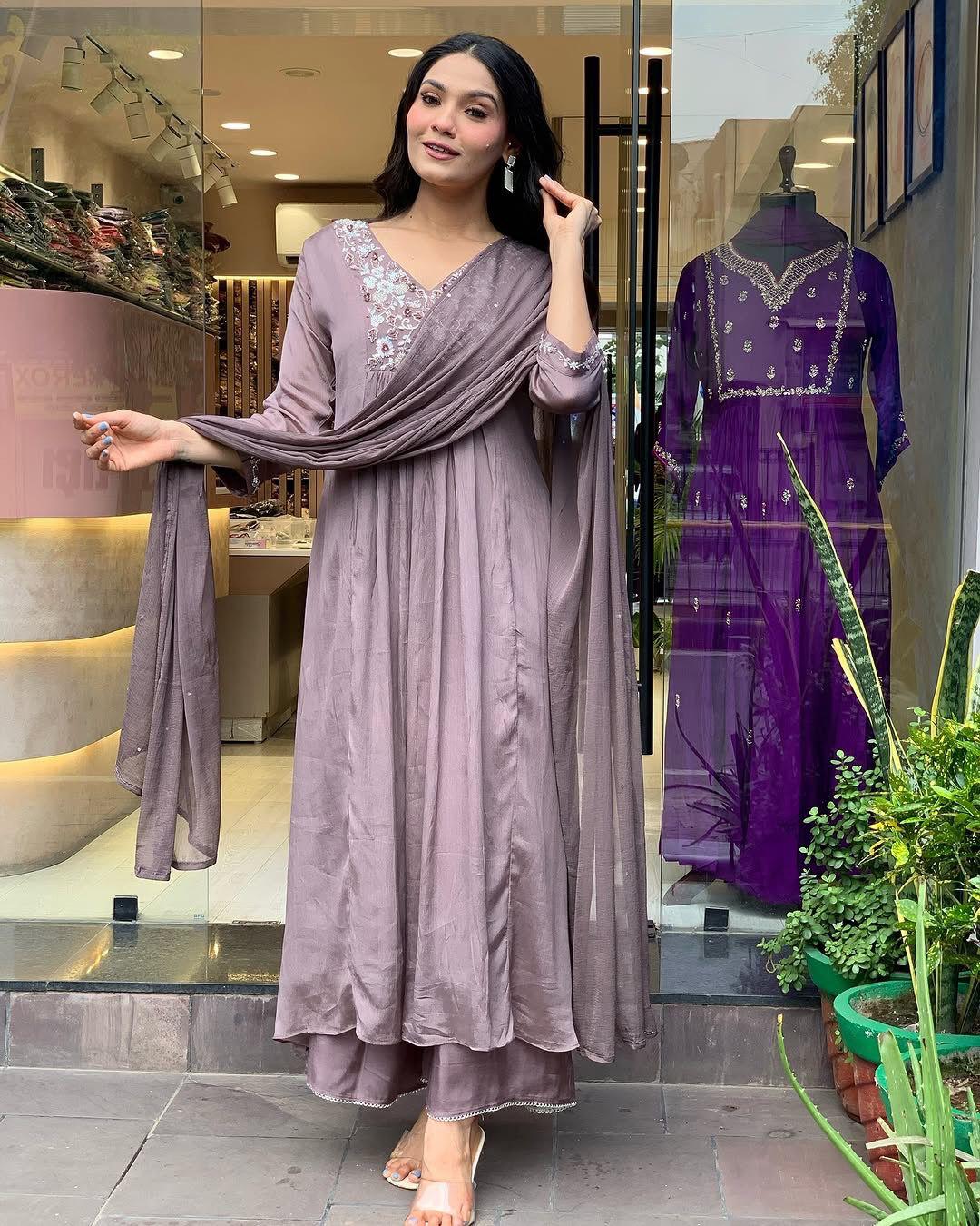 Prominent Rose Quartz Chinon With Embroidery Work Suit Set
