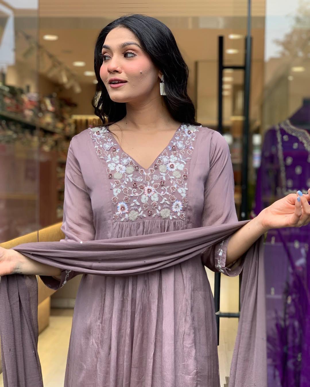 Prominent Rose Quartz Chinon With Embroidery Work Suit Set