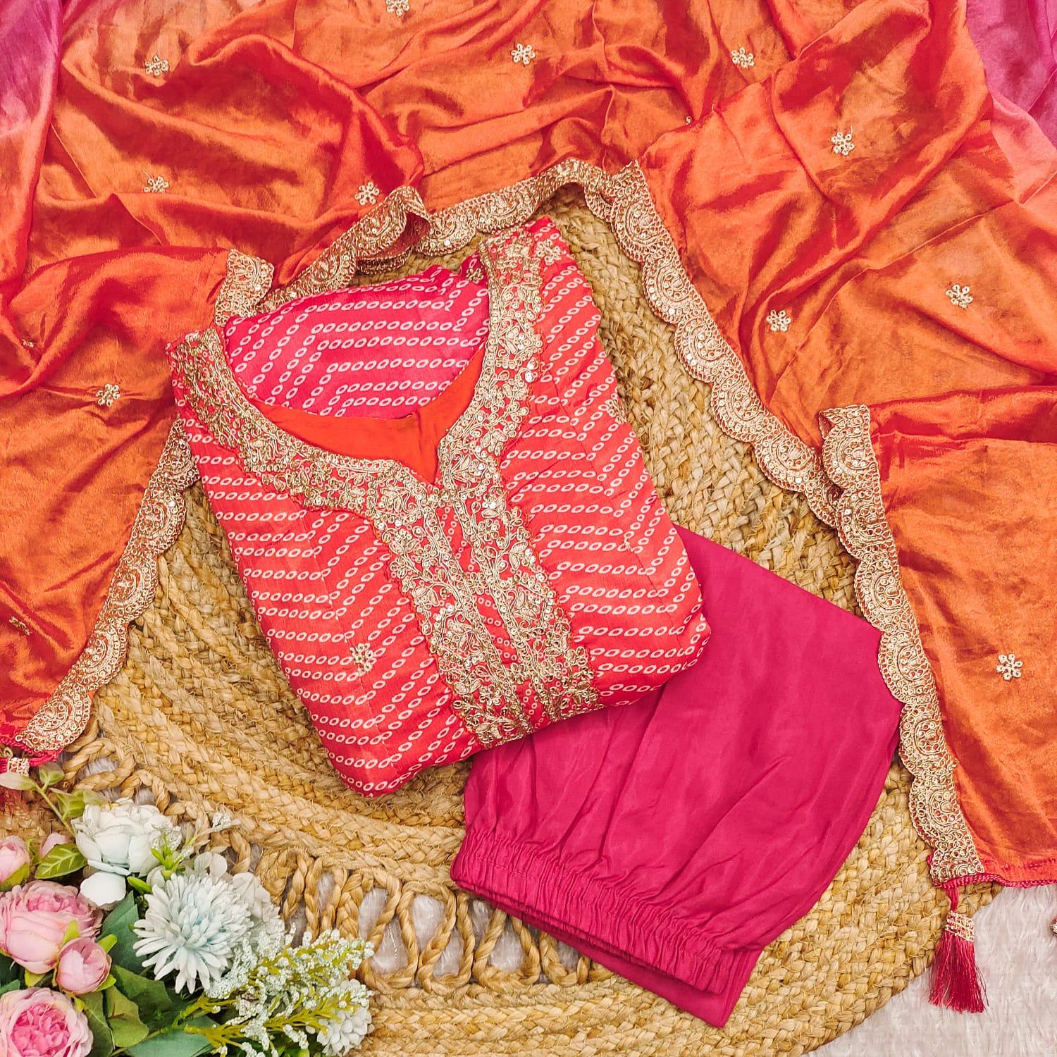 Fancifull Warm Pink Chinon Embroidery With Printed Suit Set