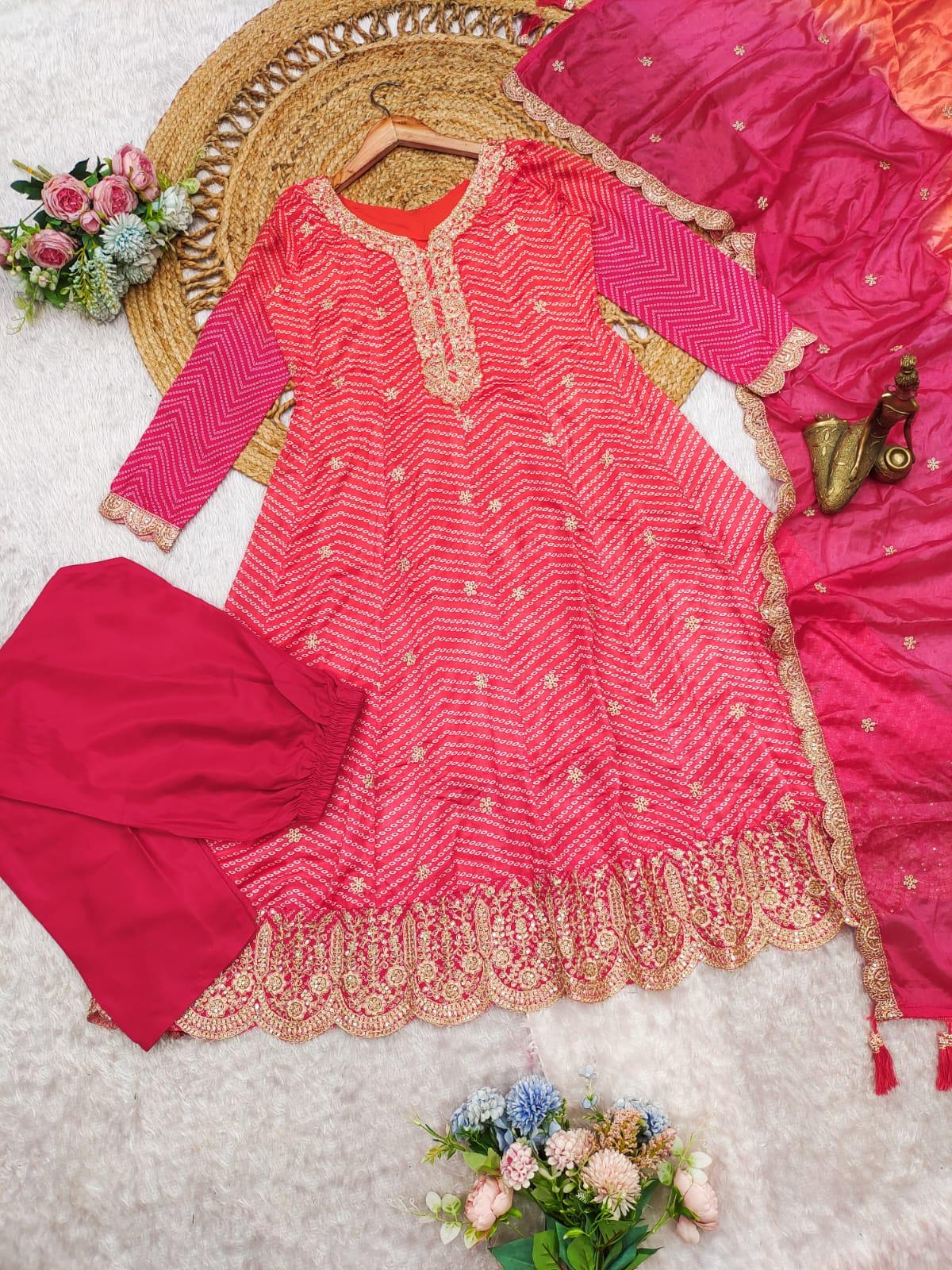 Fancifull Warm Pink Chinon Embroidery With Printed Suit Set