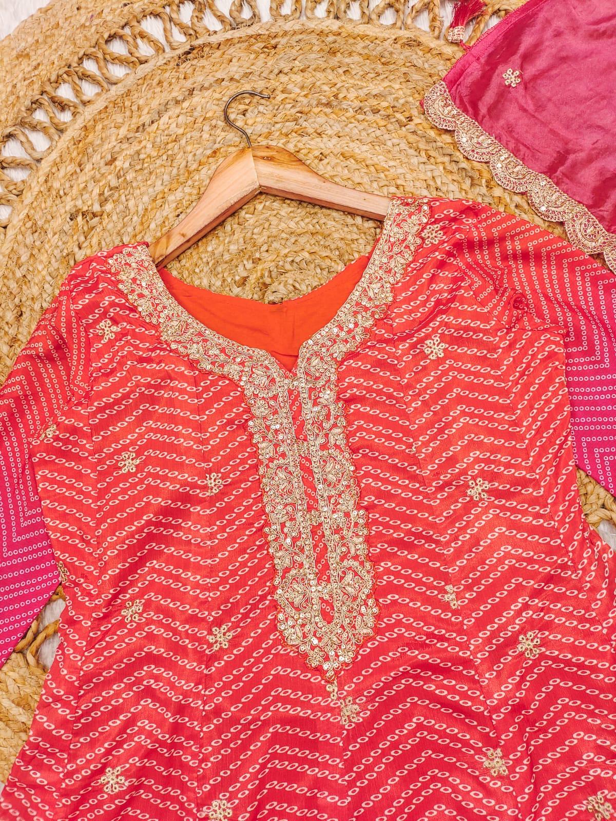 Fancifull Warm Pink Chinon Embroidery With Printed Suit Set
