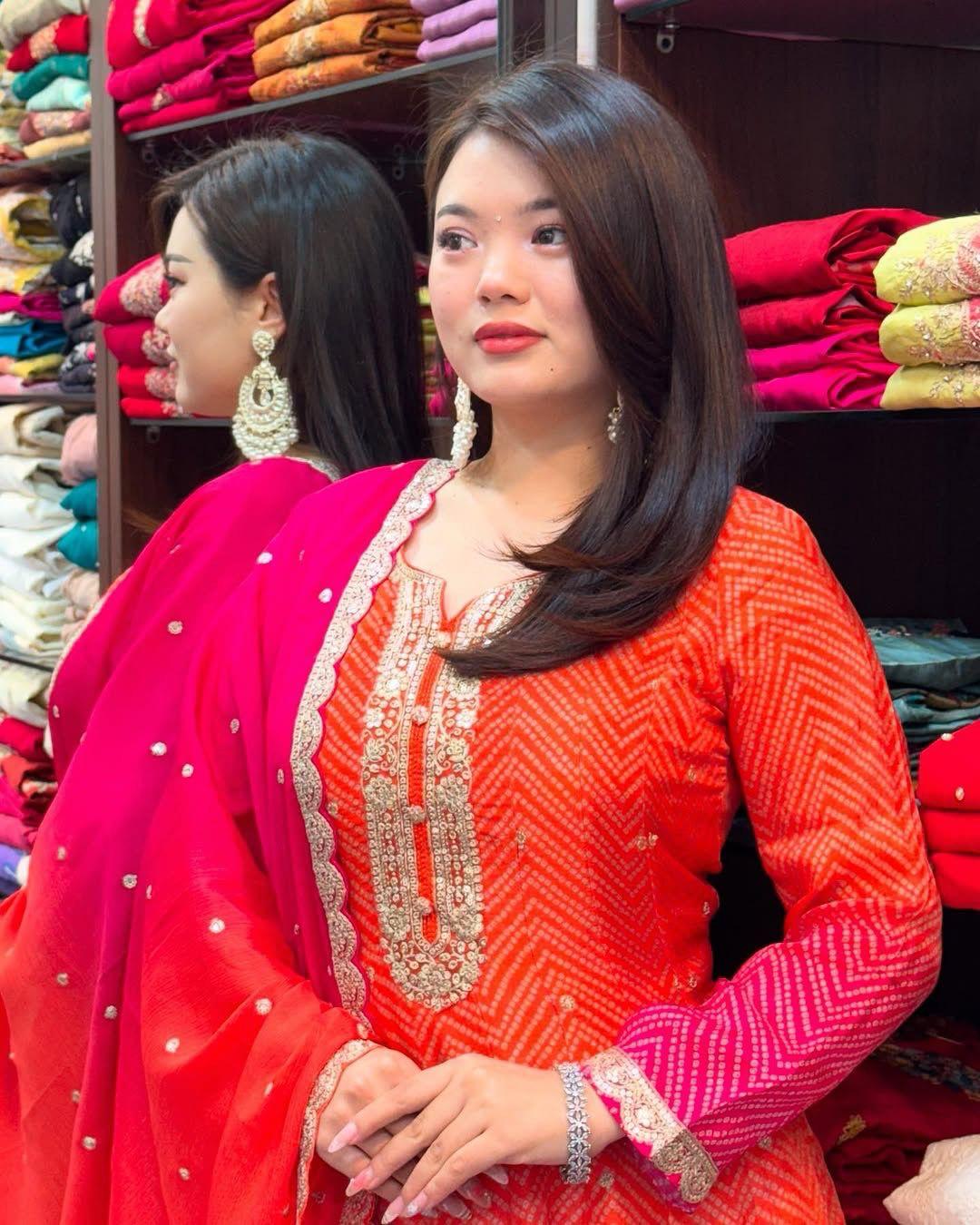 Fancifull Warm Pink Chinon Embroidery With Printed Suit Set