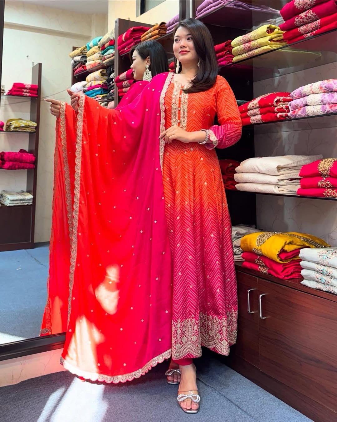Fancifull Warm Pink Chinon Embroidery With Printed Suit Set