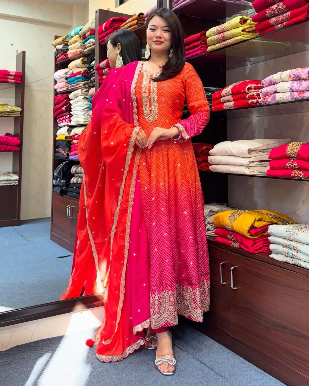 Fancifull Warm Pink Chinon Embroidery With Printed Suit Set