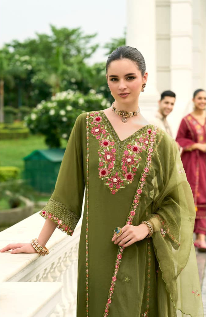 Fragrant Mehandi Chanderi Pure Mull Embroidery And Hand Work Suit Set