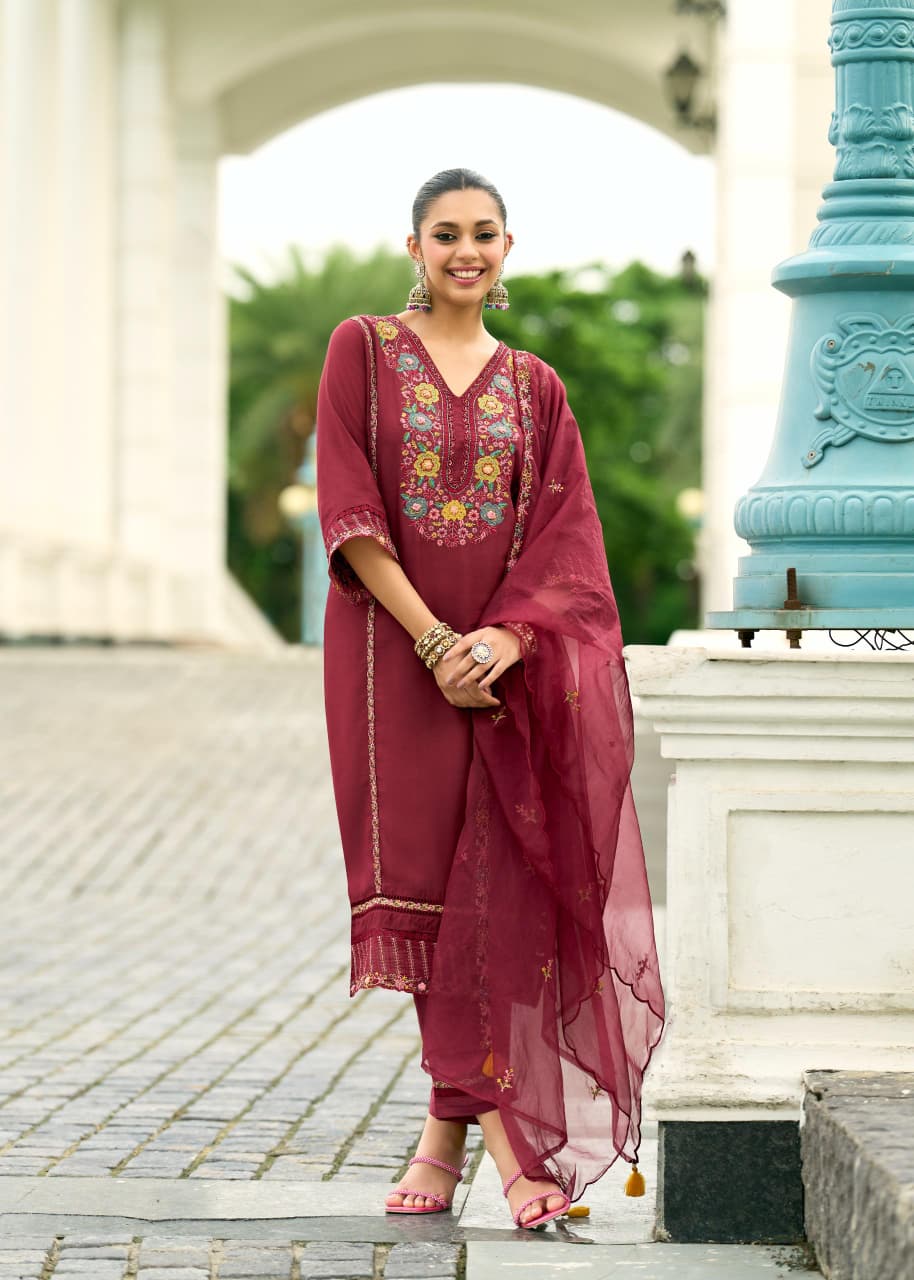 Elegant Maroon Chanderi Pure Mull Embroidery And Hand Work Suit Set