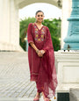 Elegant Maroon Chanderi Pure Mull Embroidery And Hand Work Suit Set