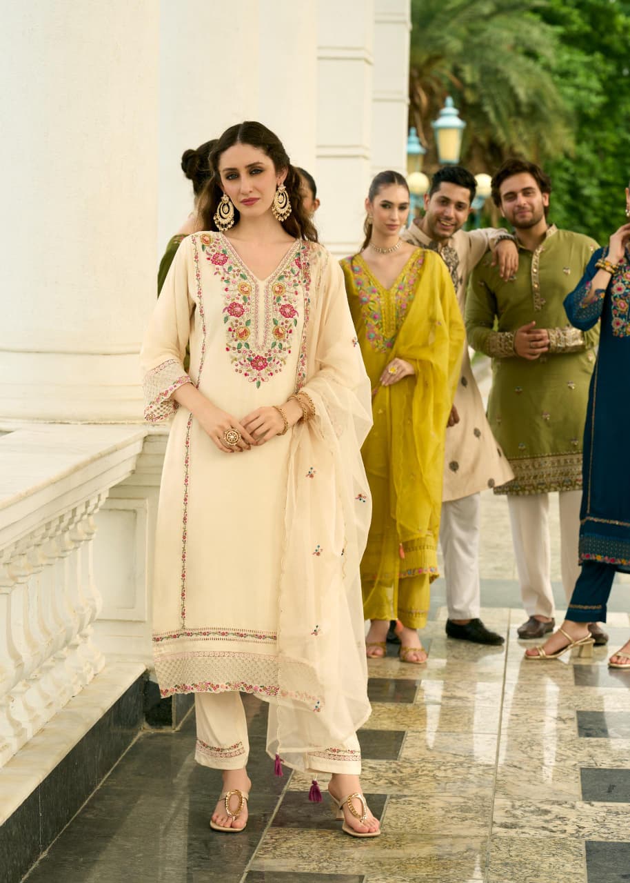 Attractive Cream Chanderi Pure Mull Embroidery And Hand Work Suit Set