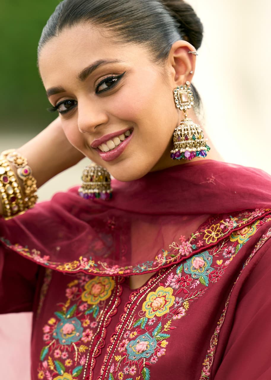 Elegant Maroon Chanderi Pure Mull Embroidery And Hand Work Suit Set