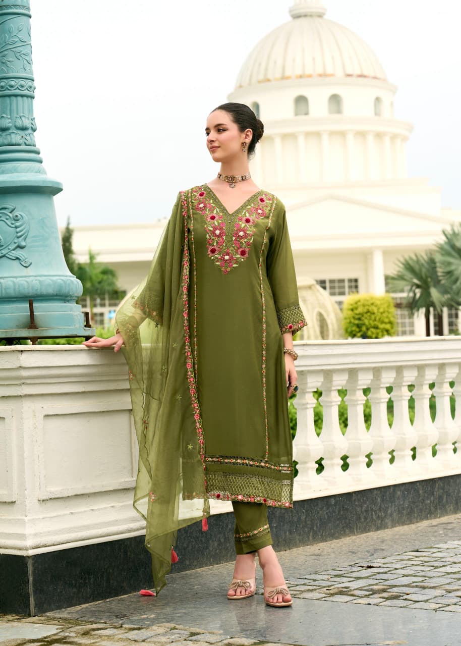 Fragrant Mehandi Chanderi Pure Mull Embroidery And Hand Work Suit Set