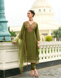 Fragrant Mehandi Chanderi Pure Mull Embroidery And Hand Work Suit Set