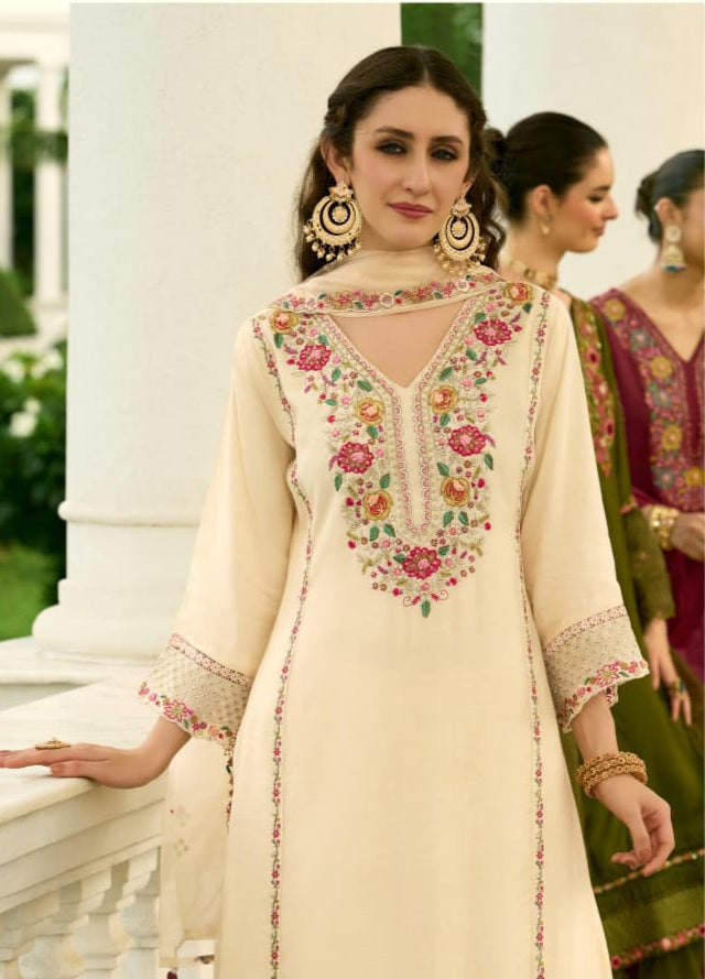 Attractive Cream Chanderi Pure Mull Embroidery And Hand Work Suit Set