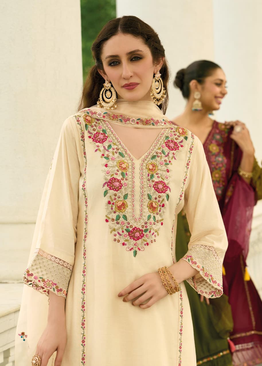 Attractive Cream Chanderi Pure Mull Embroidery And Hand Work Suit Set