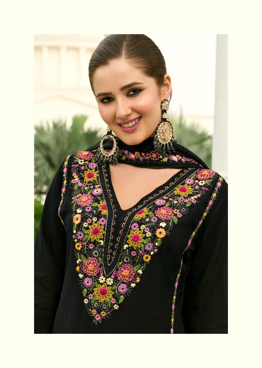 Elision Black Chanderi Pure Mull Embroidery And Hand Work Suit Set