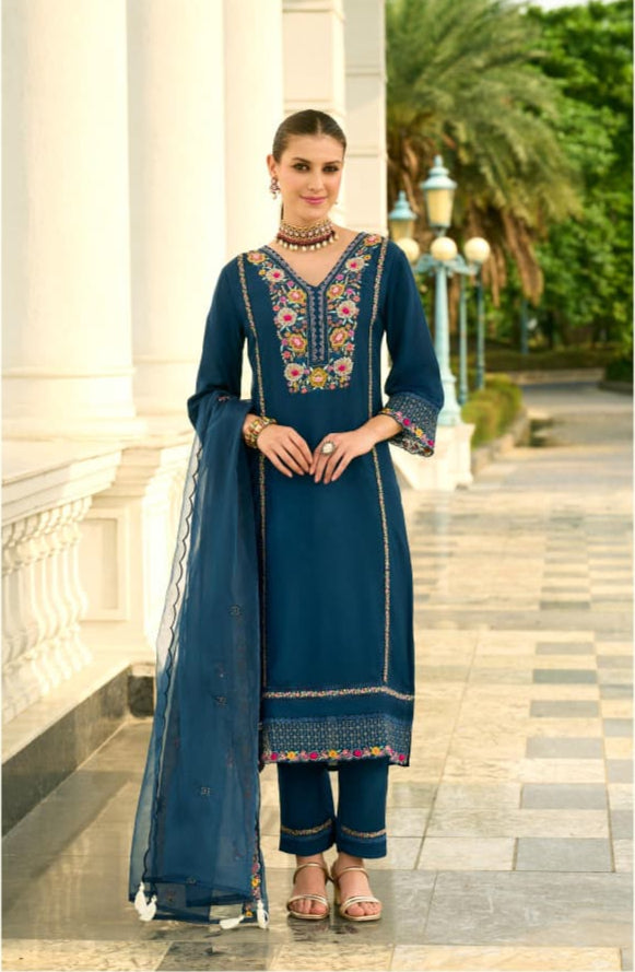 Wonderful Navy Blue Chanderi Pure Mull Embroidery And Hand Work Suit Set