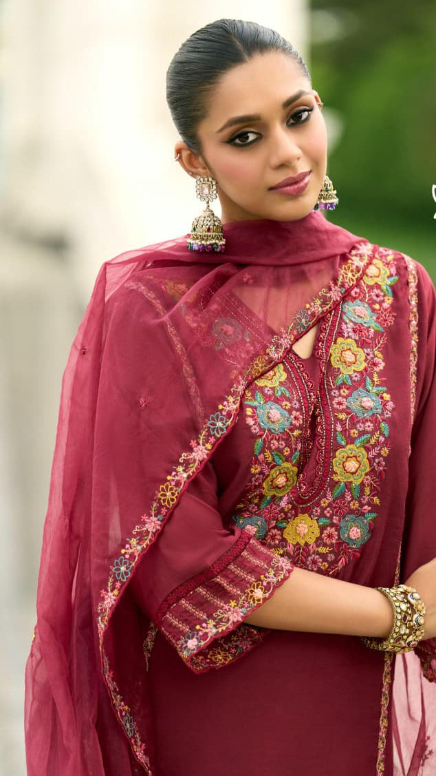 Elegant Maroon Chanderi Pure Mull Embroidery And Hand Work Suit Set