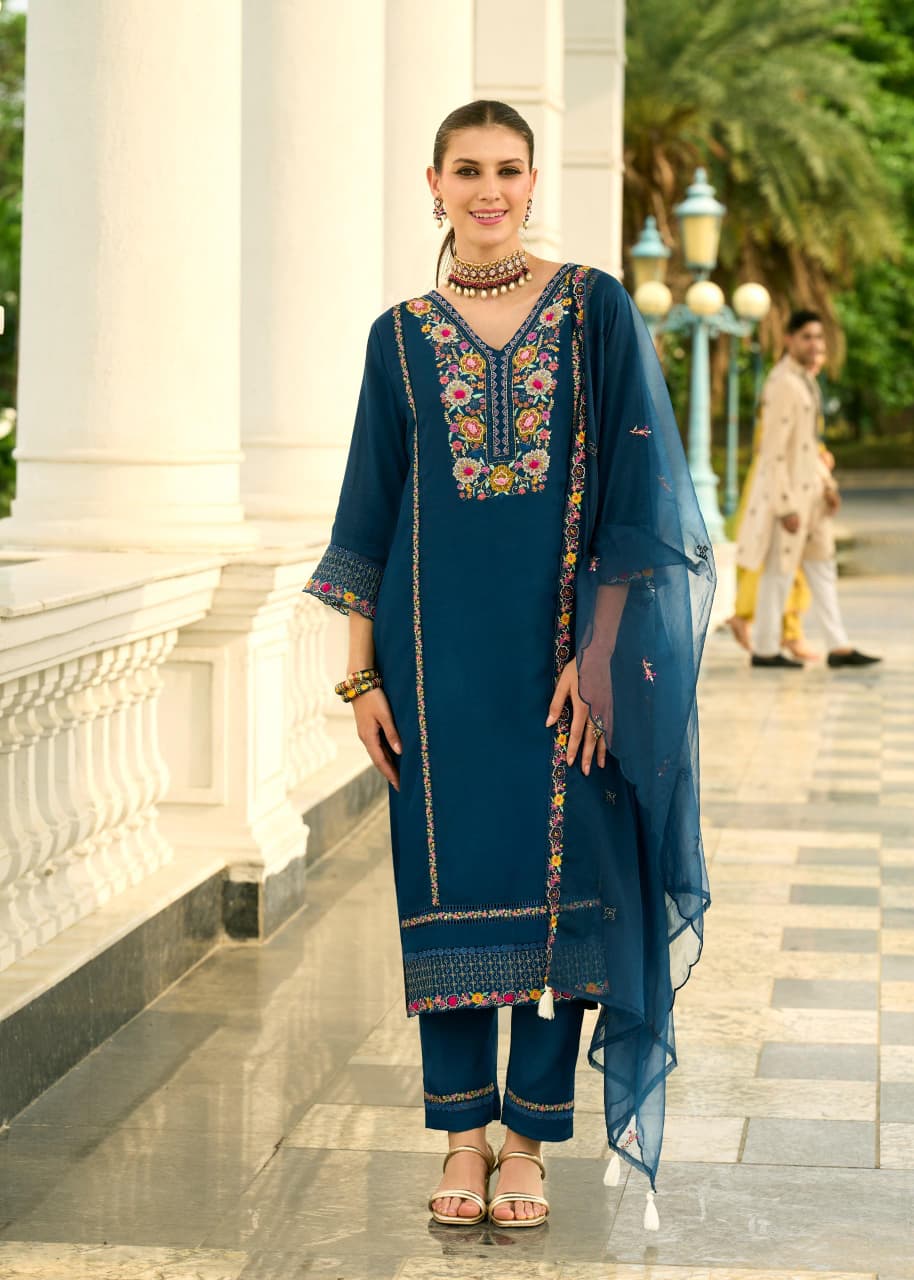 Wonderful Navy Blue Chanderi Pure Mull Embroidery And Hand Work Suit Set