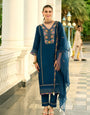 Wonderful Navy Blue Chanderi Pure Mull Embroidery And Hand Work Suit Set