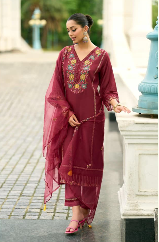 Elegant Maroon Chanderi Pure Mull Embroidery And Hand Work Suit Set