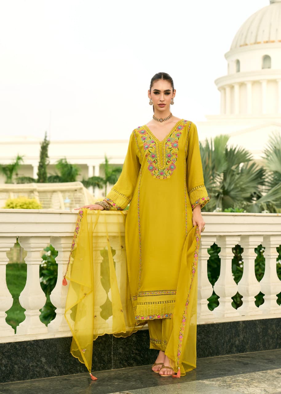 Inspiring Yellow Chanderi Pure Mull  Embroidery And Hand Work Suit Set