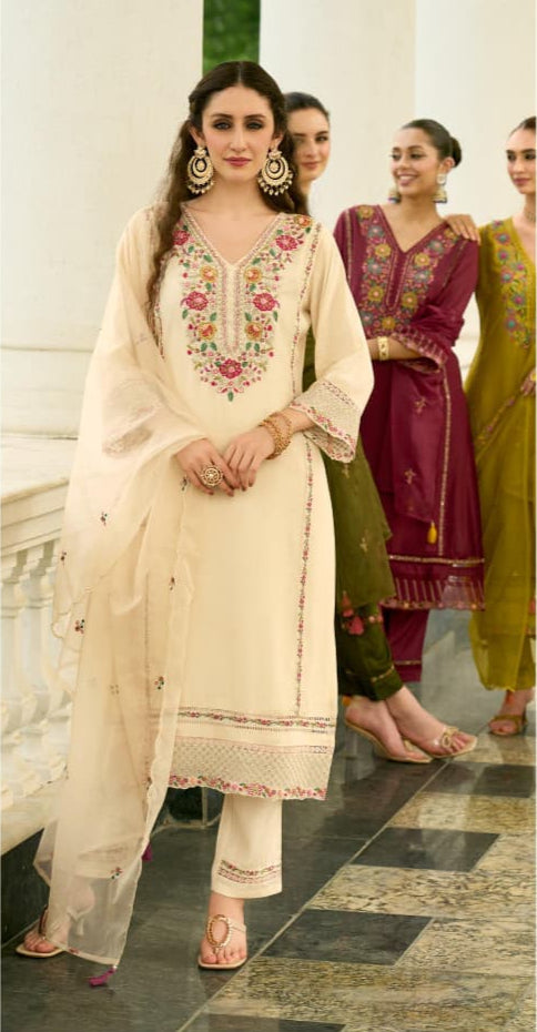 Attractive Cream Chanderi Pure Mull Embroidery And Hand Work Suit Set