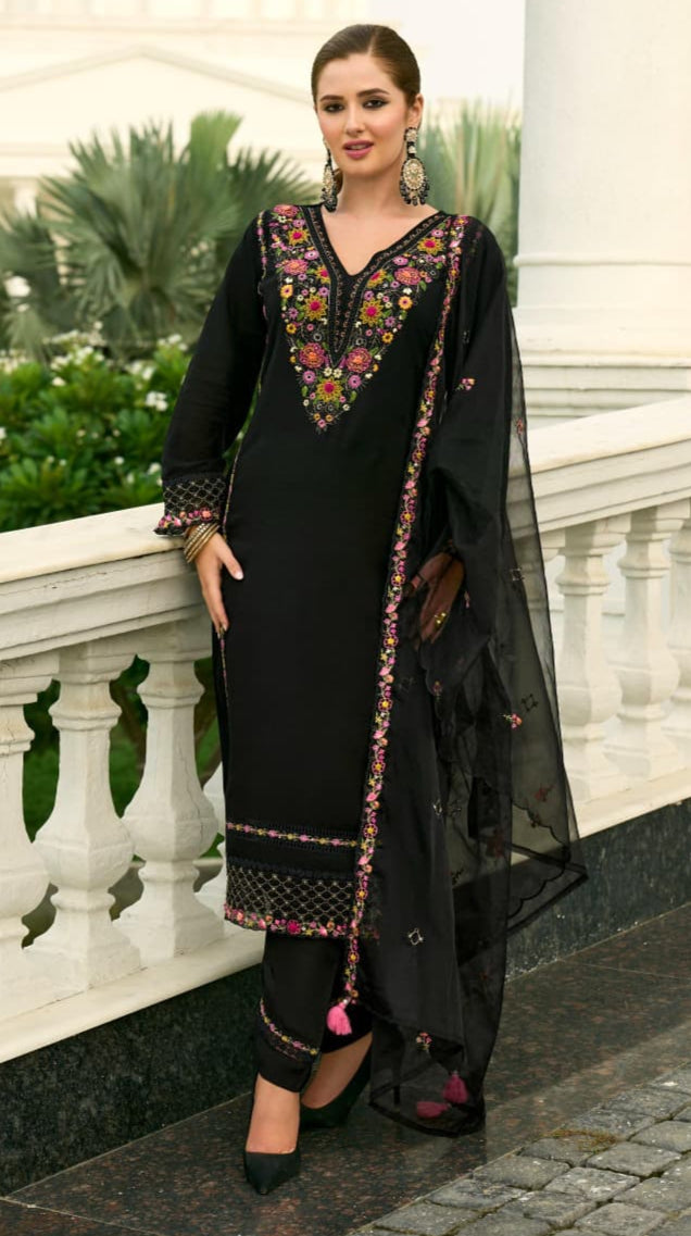 Elision Black Chanderi Pure Mull Embroidery And Hand Work Suit Set