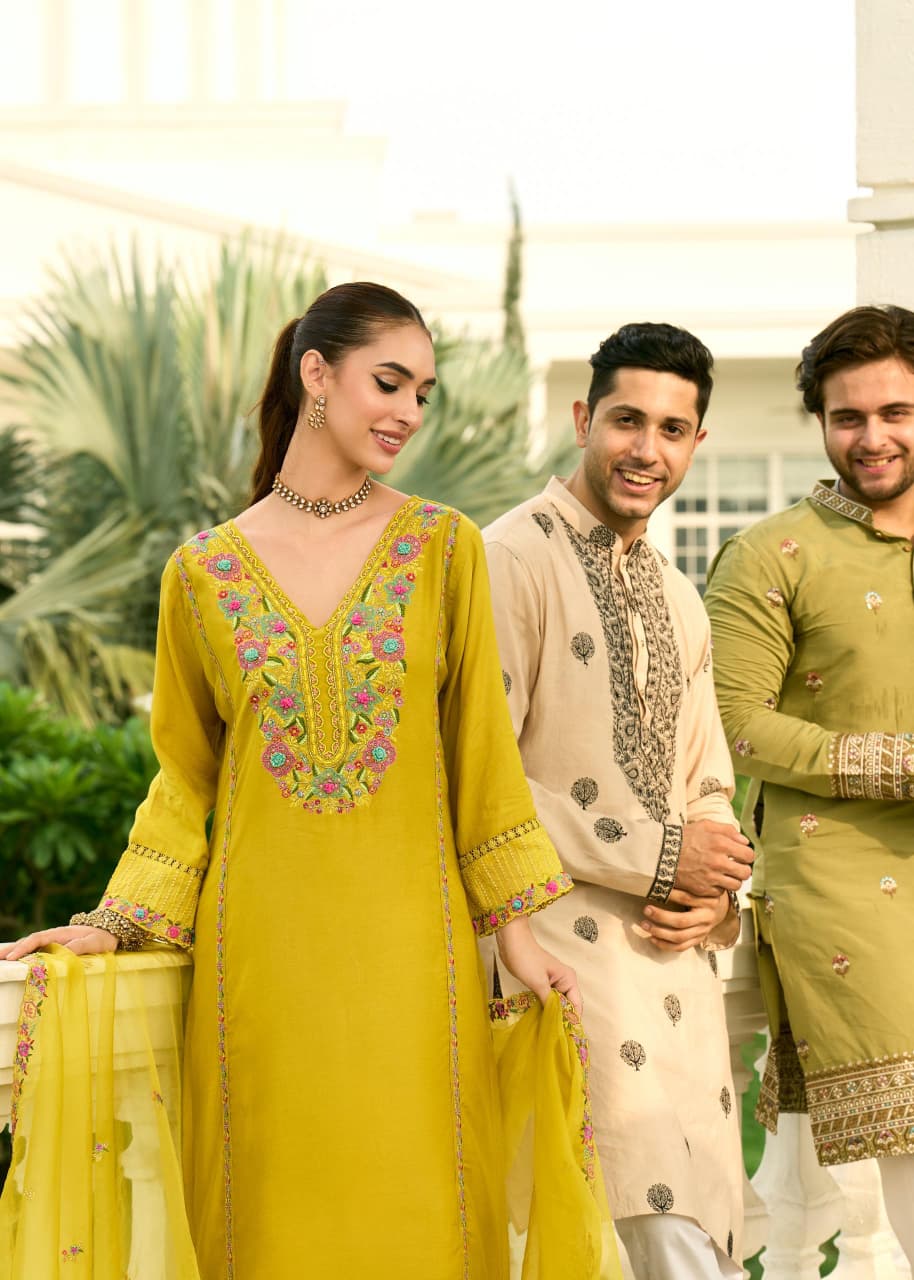 Inspiring Yellow Chanderi Pure Mull  Embroidery And Hand Work Suit Set