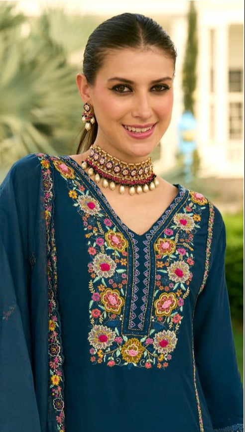 Wonderful Navy Blue Chanderi Pure Mull Embroidery And Hand Work Suit Set
