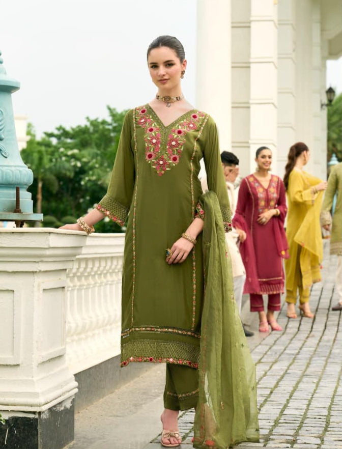 Fragrant Mehandi Chanderi Pure Mull Embroidery And Hand Work Suit Set