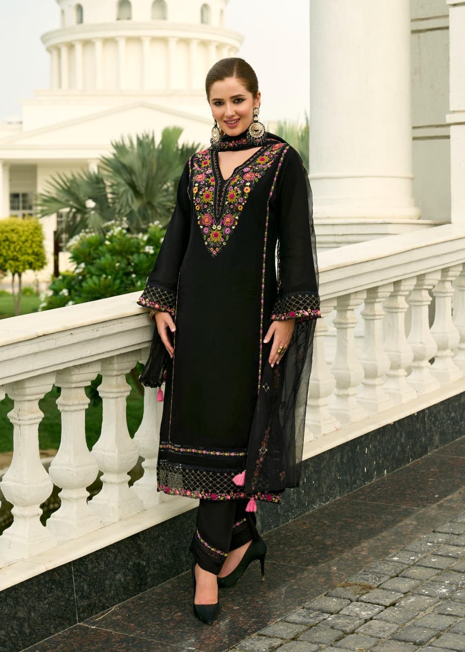Elision Black Chanderi Pure Mull Embroidery And Hand Work Suit Set