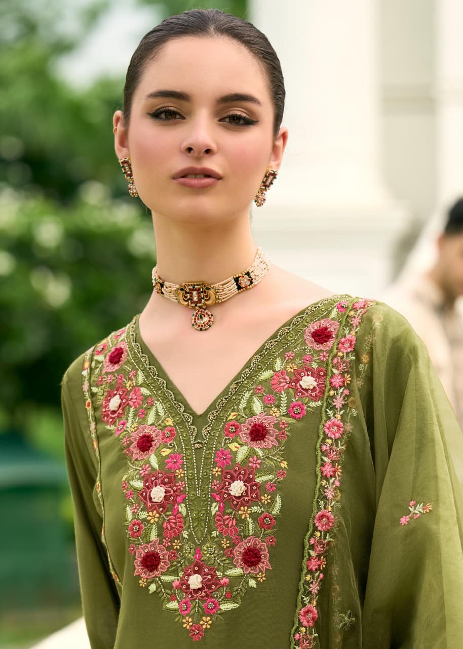 Fragrant Mehandi Chanderi Pure Mull Embroidery And Hand Work Suit Set
