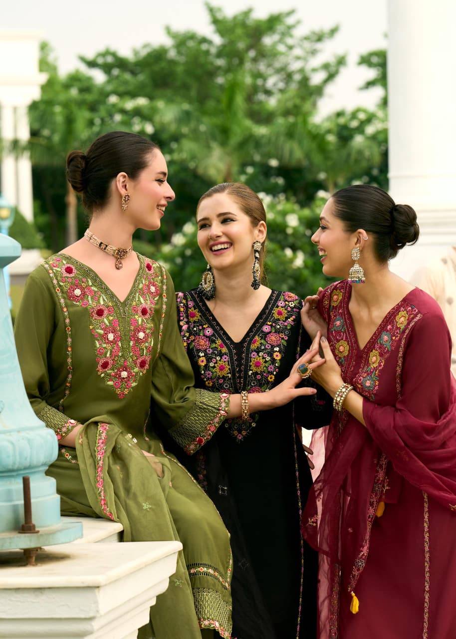 Elision Black Chanderi Pure Mull Embroidery And Hand Work Suit Set