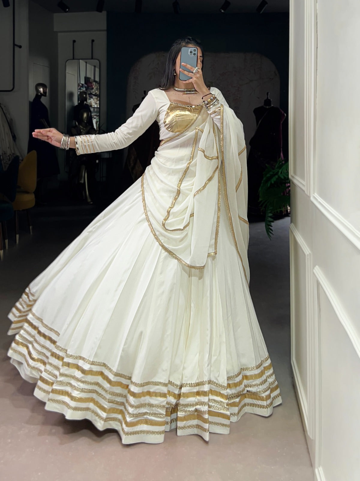 White Pure Rayon Thread Embroidery Work Lehenga Choli