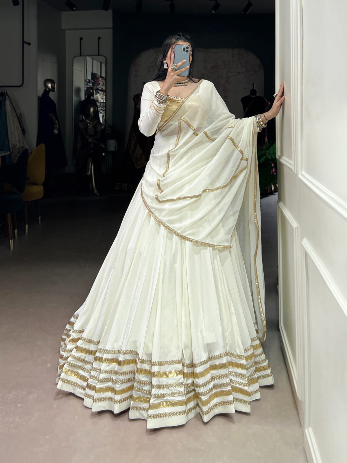 White Pure Rayon Thread Embroidery Work Lehenga Choli