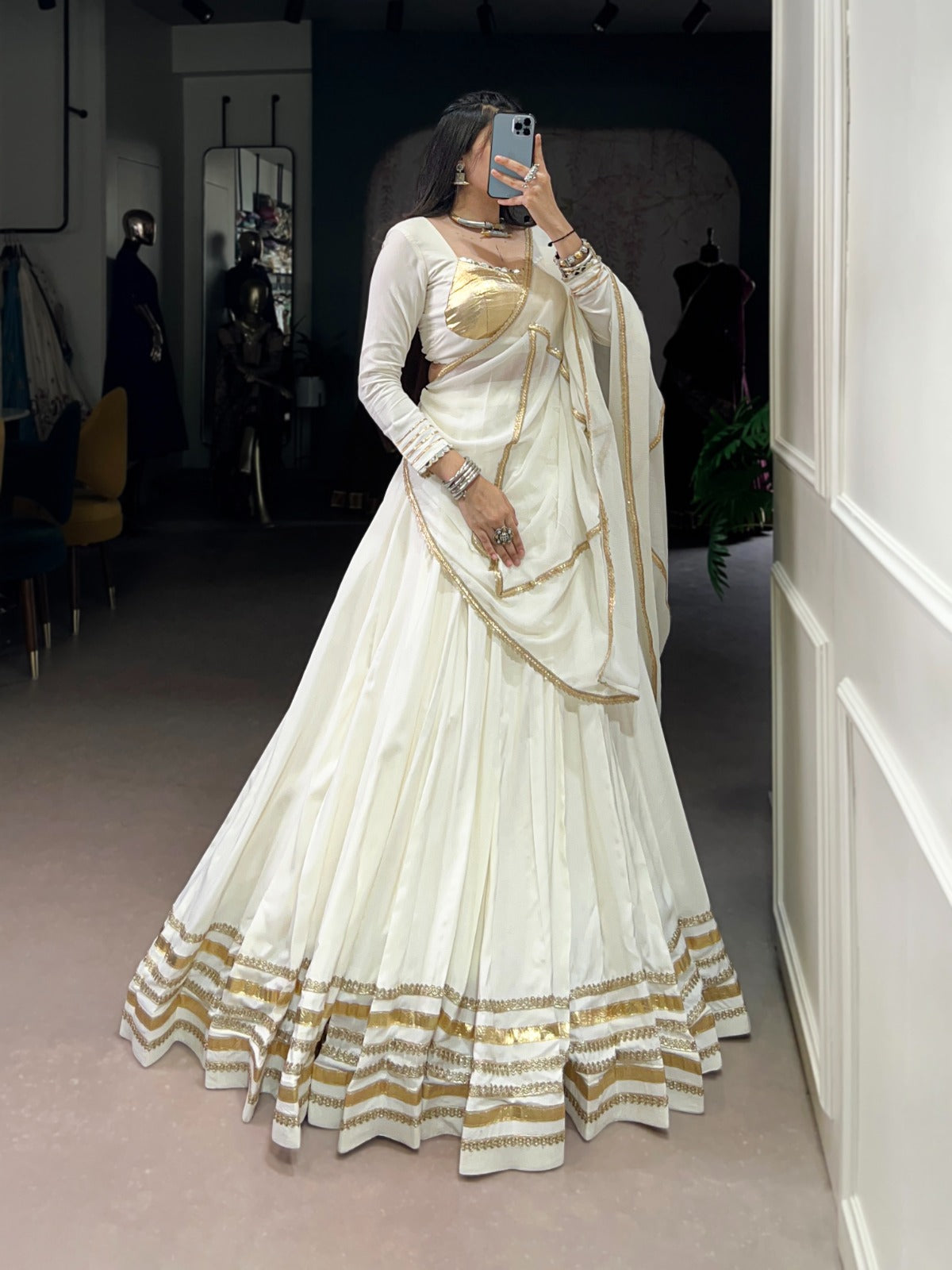 White Pure Rayon Thread Embroidery Work Lehenga Choli