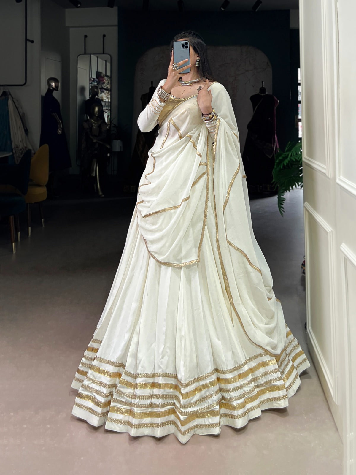 White Pure Rayon Thread Embroidery Work Lehenga Choli
