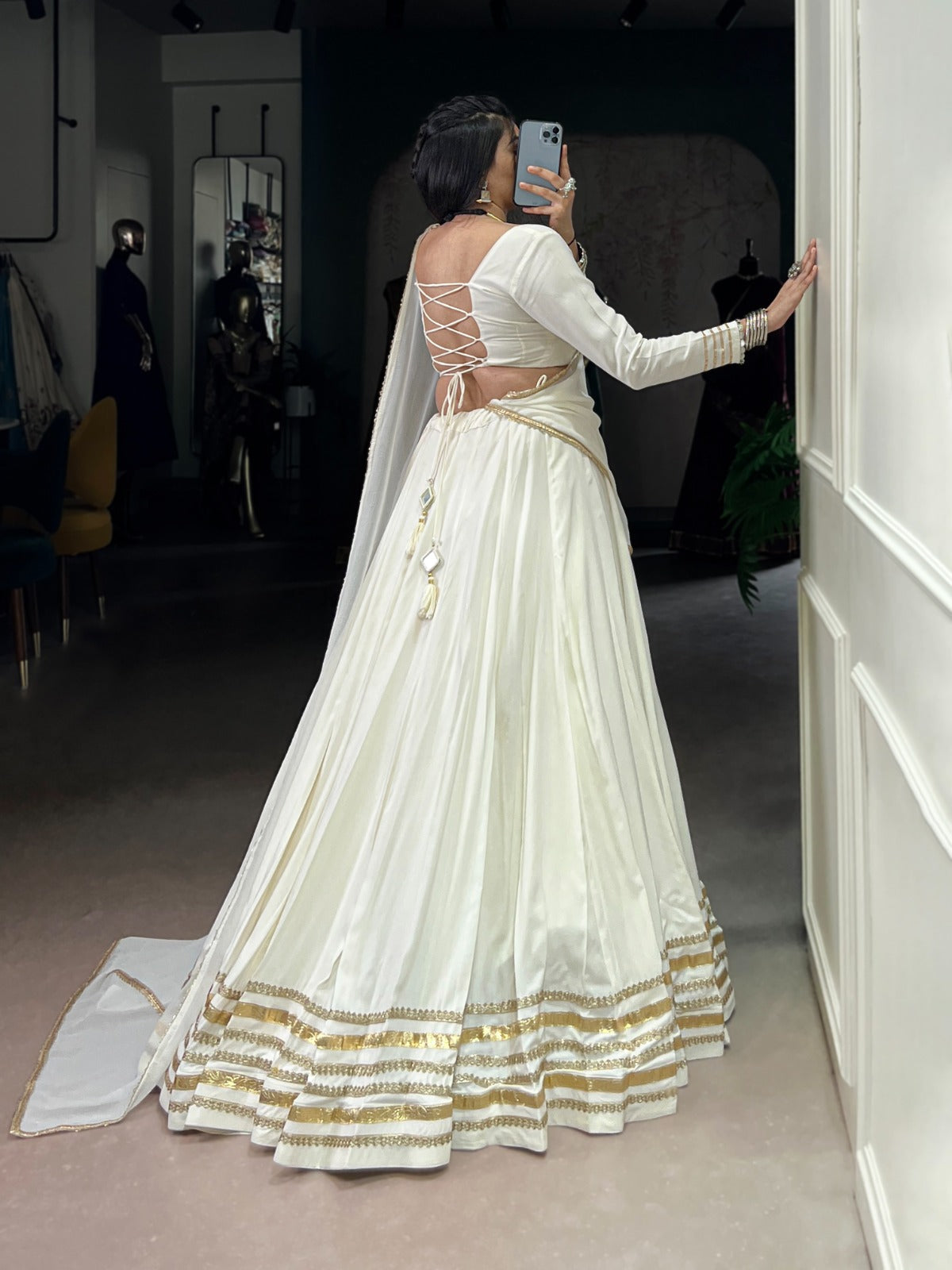 White Pure Rayon Thread Embroidery Work Lehenga Choli