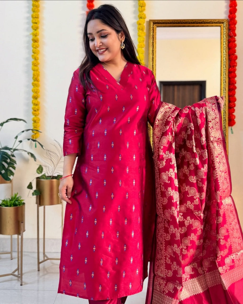 Intricate Hot Pink Dola Silk Self Weaving Suit Set