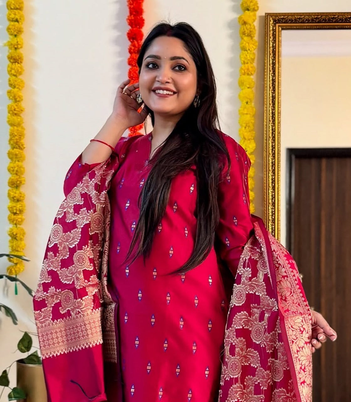 Intricate Hot Pink Dola Silk Self Weaving Suit Set