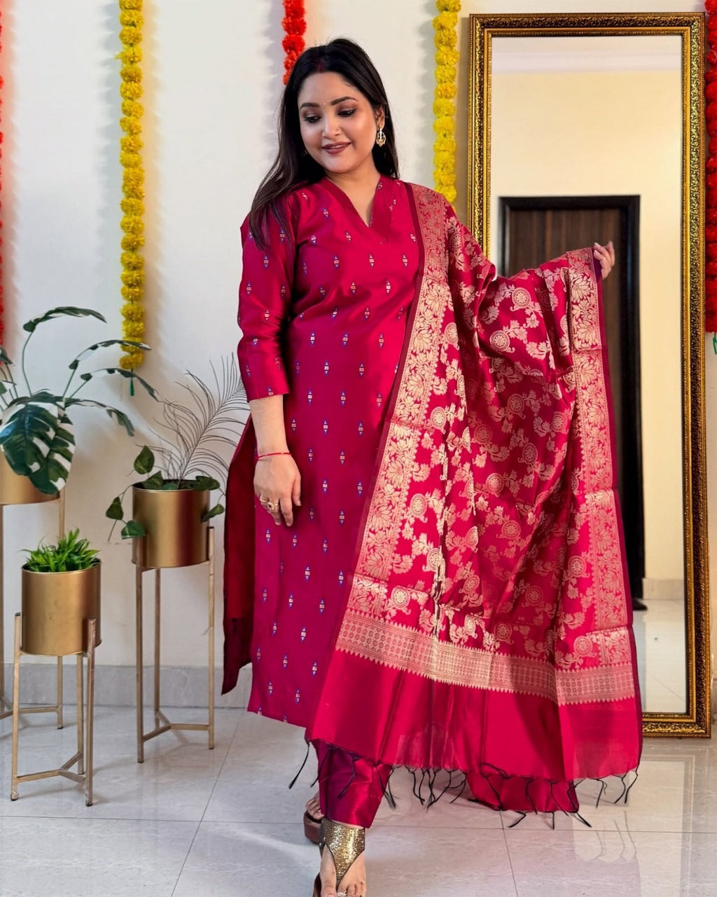Intricate Hot Pink Dola Silk Self Weaving Suit Set