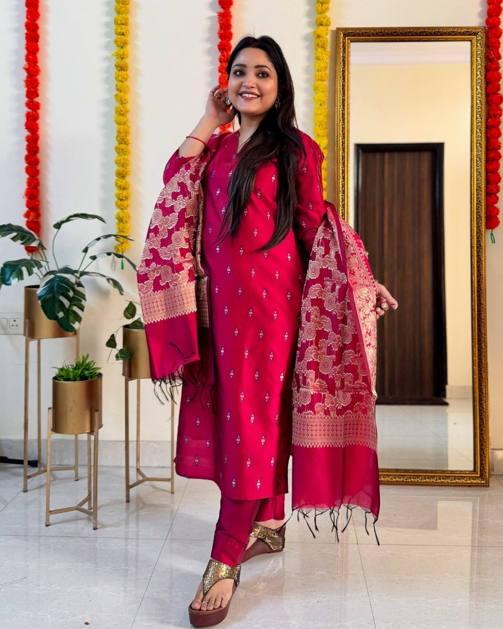 Intricate Hot Pink Dola Silk Self Weaving Suit Set