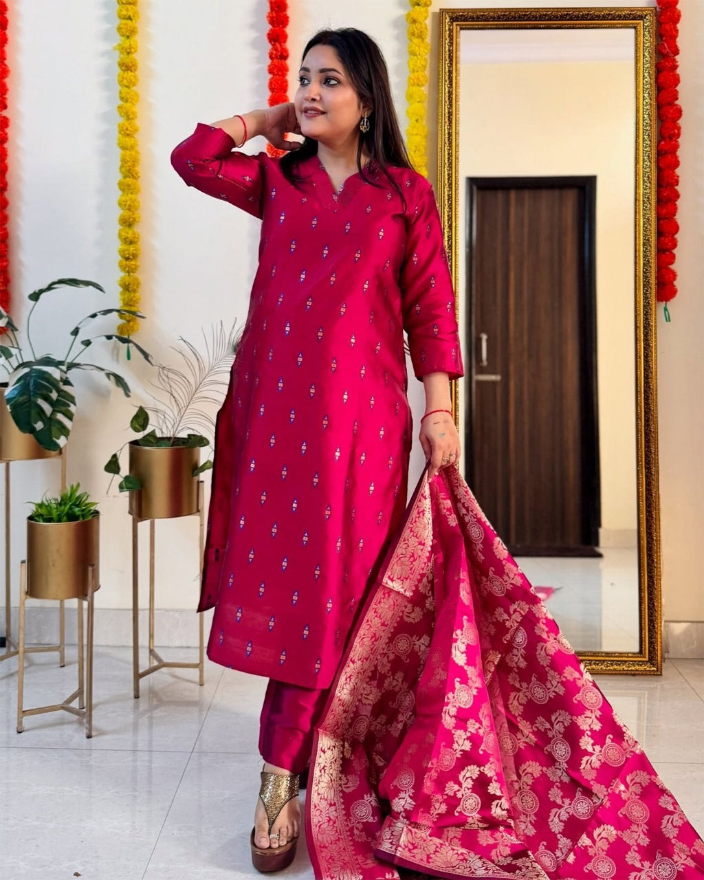 Intricate Hot Pink Dola Silk Self Weaving Suit Set