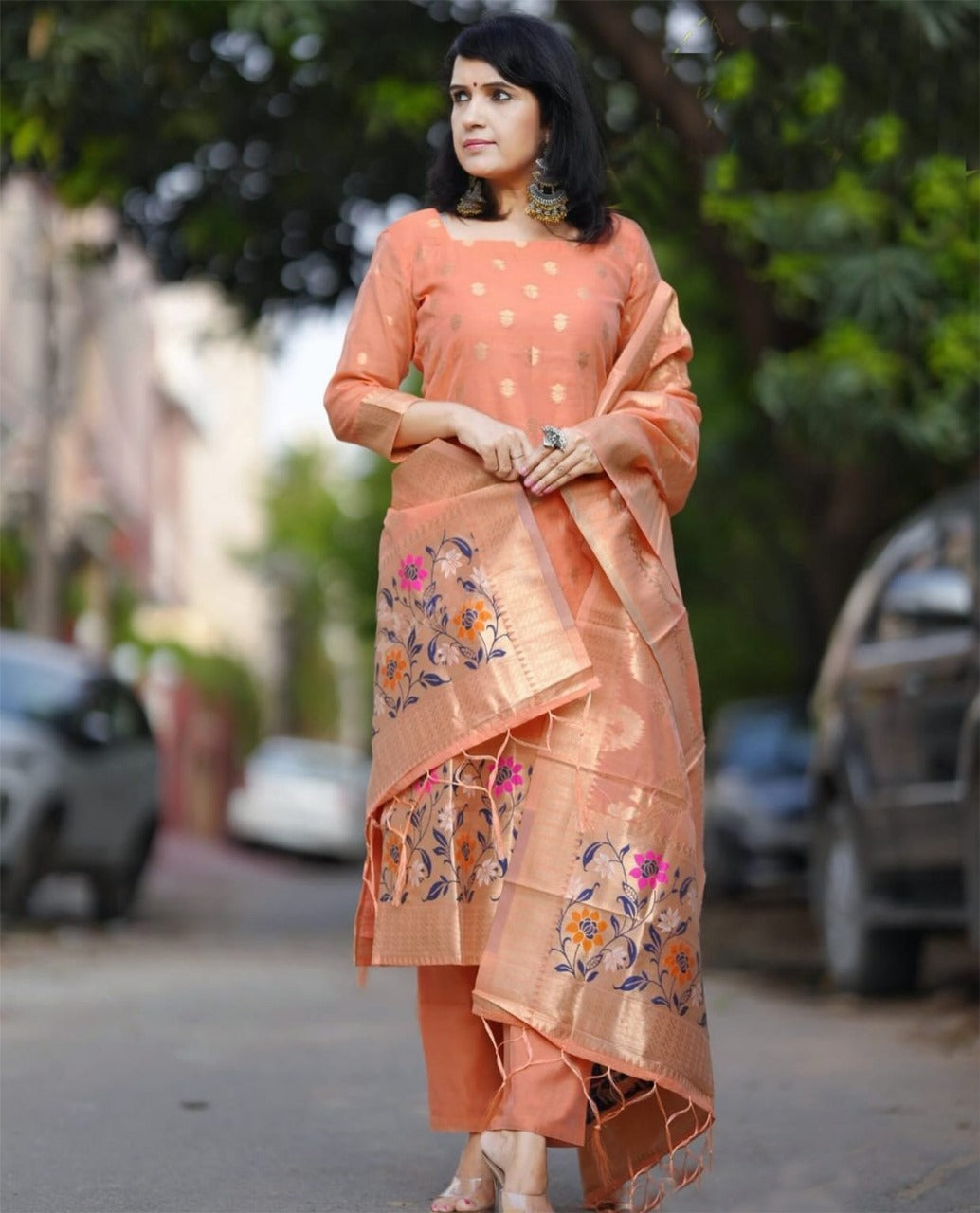 Glamorous Orange Chanderi Banarasi Jamdani Weaving Suit Set